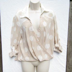 bebe Beige & Cream Sheer Polka dot Top with Button Cuffs - Size Womens Medium